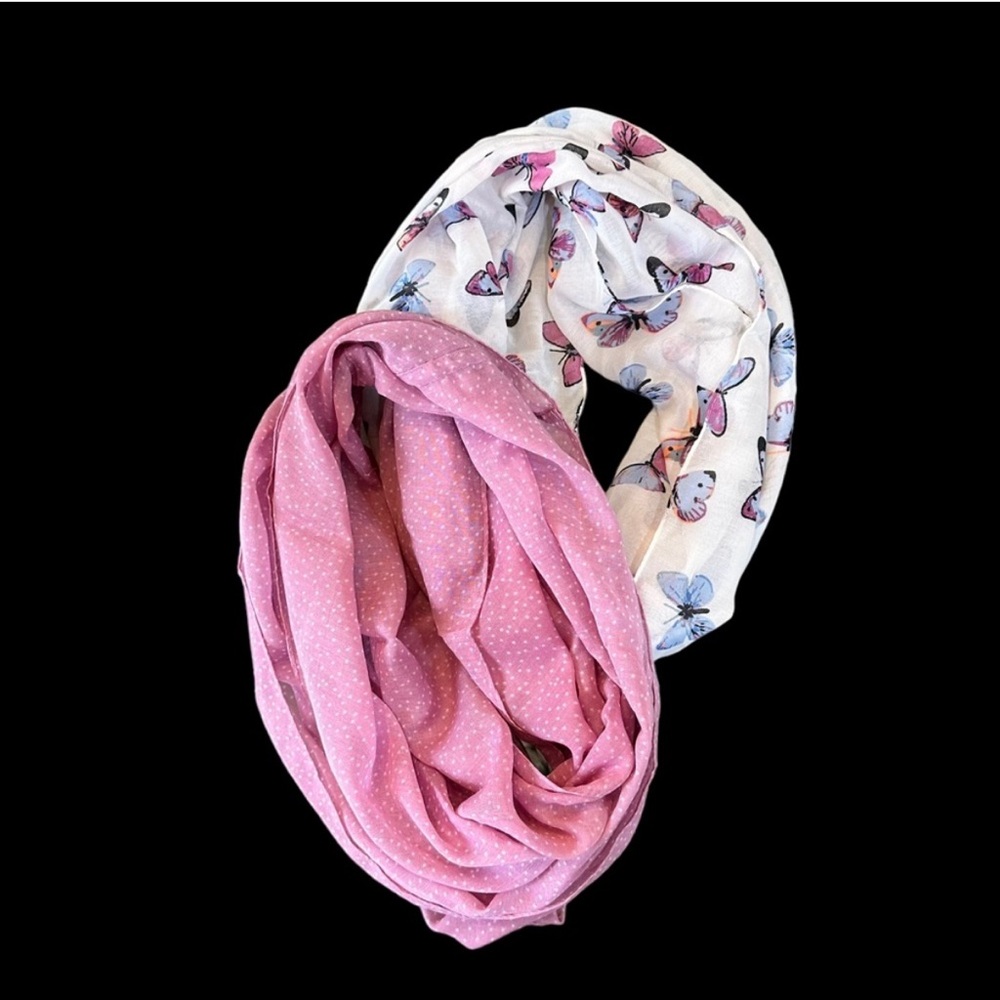 Unbranded set of Scarves. One size. Butterfly and pink with white dot scarves
